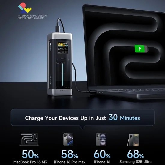 Външна батерия Power Bank P23 (CUK00P23GLBK) - с Type-C кабел, 2x USB-C, USB, 210W, 25000mAh, 1.54 TFT Екран - Cuktech - Сив
