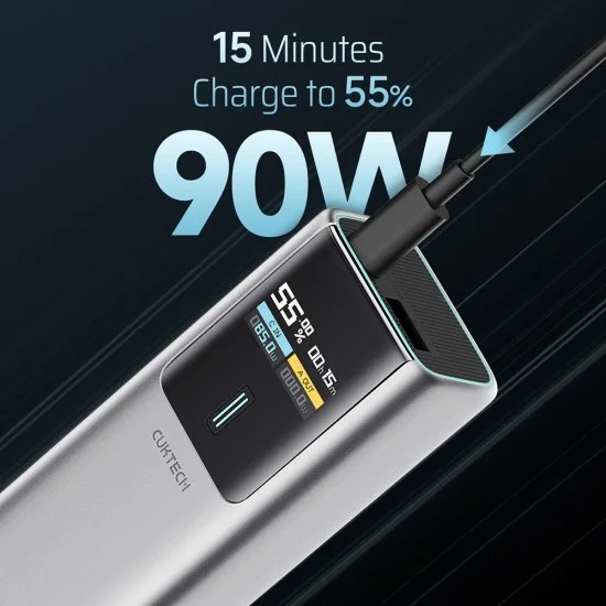 Външна батерия Power Bank PB100P (CKPB100PGLBK) - с Type-C кабел, Дисплей, USB-C, USB, 150W, 10000mAh, Бързо самозареждане - Cuktech - Сив