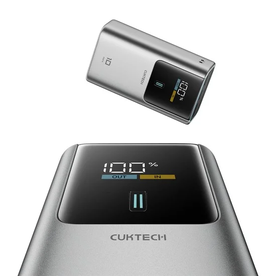 Външна батерия Power Bank PB1055 (CKPB1055GBTG) - с LED Дисплей, 2x USB-C, USB, 55W, 10000mAh, Двупосочно бързо зареждане - Cuktech - Сив