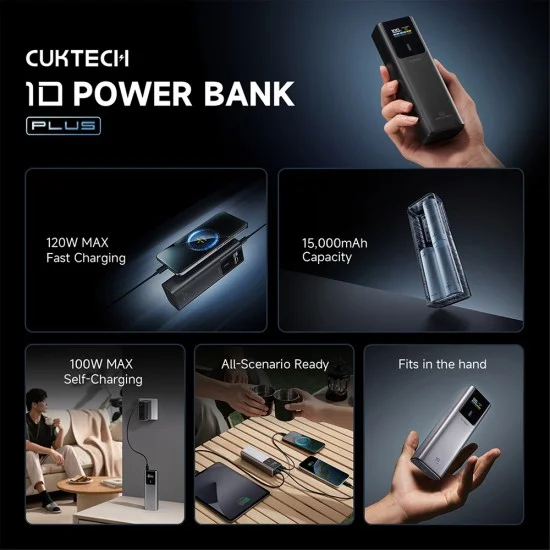 Външна батерия Power Bank PB150P (CKPB150POSGR) - с TFT Цветен екран, 2x USB-C, USB, 120W, 15000mAh, Бързо самозареждане - Cuktech - Сив