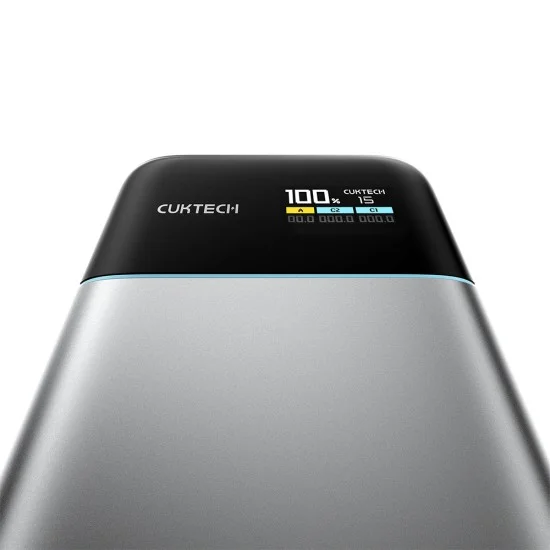 Външна батерия Power Bank PB150S (CKFN150SGLGR) - с Type-C кабел, 2x USB-C, USB, 100W, 15000mAh, GaN, TFT Екран - Cuktech - Сив