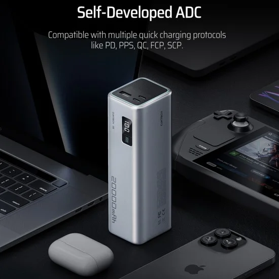 Външна батерия Power Bank PB200 (CUKP200XGLGR) - с Type-C кабел, 2x USB-C, USB, 100W, 20000mAh, Разработен ADC - Cuktech - Сив