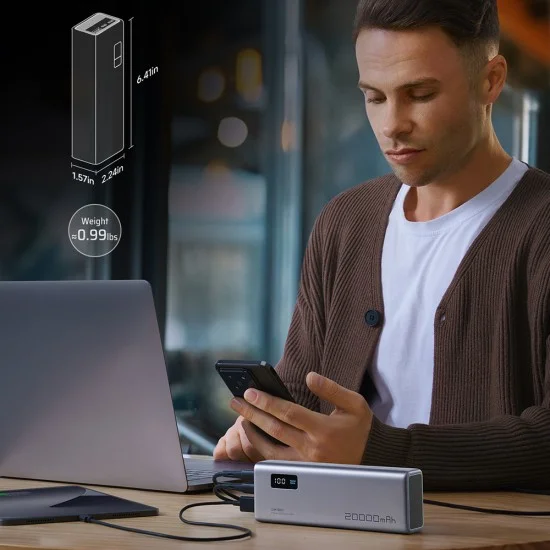 Външна батерия Power Bank PB200P (CUKPB200GLBK) - с Type-C кабел, Дисплей, 2x USB-C, USB, 150W, 20000mAh, Бързо самозареждане - Cuktech - Сив