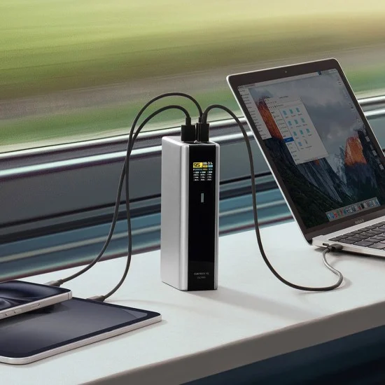 Външна батерия Power Bank PB200U (CKPB200UGLGR) - с USB-C кабел, 2x USB-C, USB, PD3.1, 210W, 20.000mAh, 1.3 TFT Екран - Cuktech - Сив