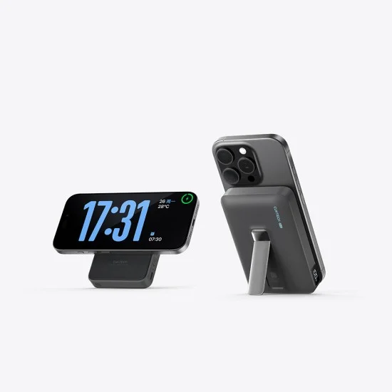 Външна батерия Power Bank WPB100 (CUWPB100GLBK) - Type-C, Qi2 15W, Кабелно 30W, 10000mAh, Дигитален дисплей, Сгъваема стойка - Cuktech - Сив