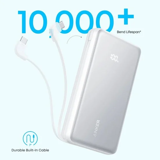 Външна батерия Power Bank Zolo (A110DH21) - с вграден USB-C кабел, USB, USB-C, 10000mAh, 22.5W, Дигитален дисплей, ActiveShield - Anker - Бял