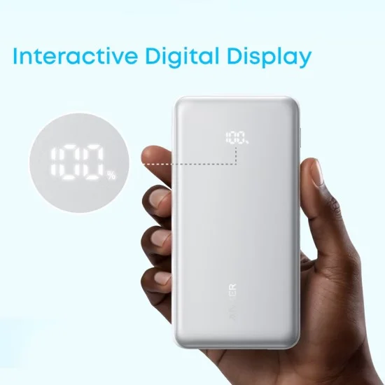 Външна батерия Power Bank Zolo (A110DH21) - с вграден USB-C кабел, USB, USB-C, 10000mAh, 22.5W, Дигитален дисплей, ActiveShield - Anker - Бял