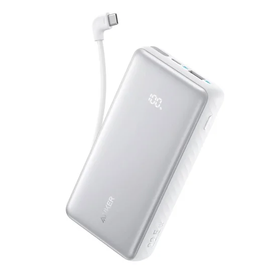 Външна батерия Power Bank Zolo (A110DH21) - с вграден USB-C кабел, USB, USB-C, 10000mAh, 22.5W, Дигитален дисплей, ActiveShield - Anker - Бял
