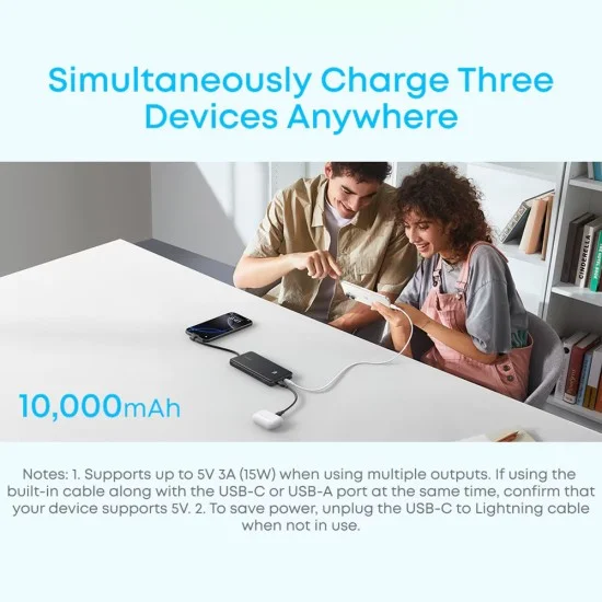 Външна батерия Power Bank Zolo (A110DH21) - с вграден USB-C кабел, USB, USB-C, 10000mAh, 22.5W, Дигитален дисплей, ActiveShield - Anker - Бял