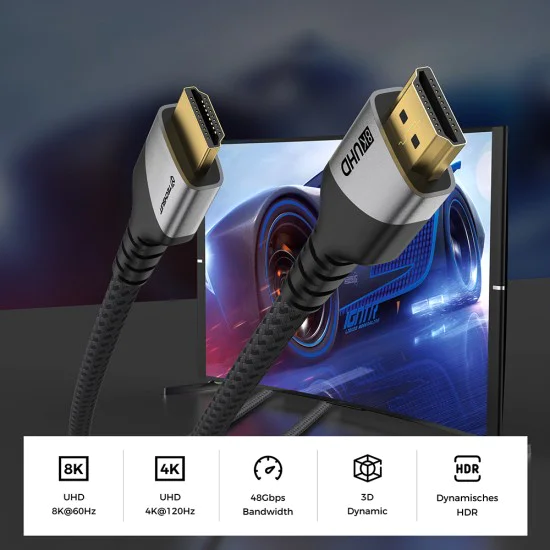 Видео кабел Techsuit Premium Video Cable NexusVision Pro (CX3) - HDMI към HDMI 2.1, UHD 8K@60Hz, 48Gbps, 2m - Сив