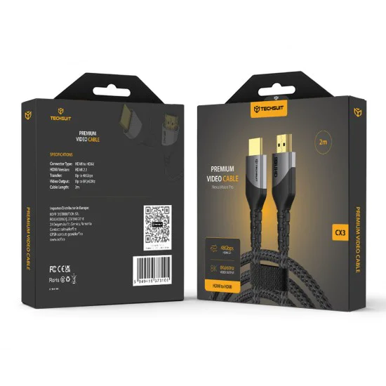 Видео кабел Techsuit Premium Video Cable NexusVision Pro (CX3) - HDMI към HDMI 2.1, UHD 8K@60Hz, 48Gbps, 2m - Сив