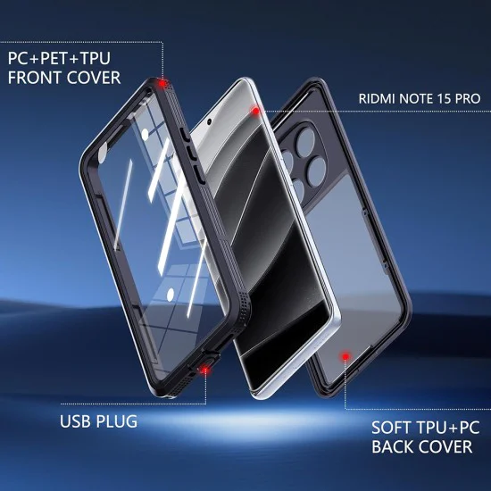 Водоустойчив калъф за Xiaomi Redmi Note 15 Pro 5G - Waterproof IP68 Case - ShellBox - Черен
