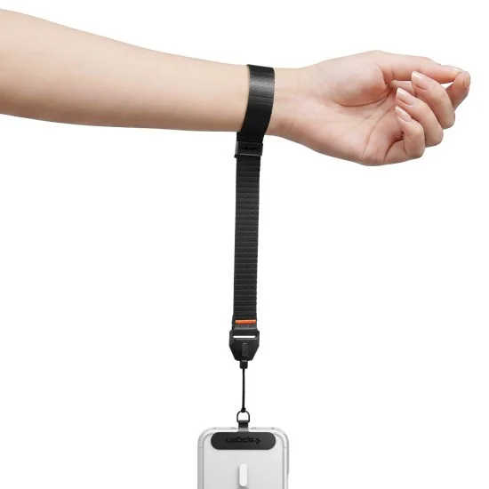 Връзка за ръка Spigen Wrist Lanyard Strap + ConTag (AFA11626) - универсална, автоматично регулиране, бутон за бързо освобождаване - Черен