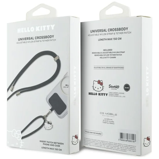 Връзка за врата / рамо Hello Kitty Crossbody Cord - с талисман Kitty Head, универсална, найлон, 150cm - Черна