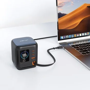 Зарядна станция Acefast (Z10) - 3x Type-C, USB, GaN PD100W, прибиращ се USB-C кабел, интелигентен TFT цветен дисплей - Черна