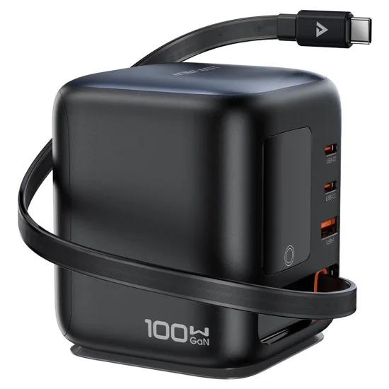 Зарядна станция Acefast (Z10) - 3x Type-C, USB, GaN PD100W, прибиращ се USB-C кабел, интелигентен TFT цветен дисплей - Черна