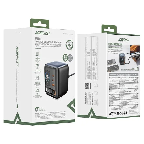 Зарядна станция Acefast (Z10) - 3x Type-C, USB, GaN PD100W, прибиращ се USB-C кабел, интелигентен TFT цветен дисплей - Черна
