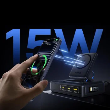 Зарядна станция Baseus Nomos NH21 (5in1) - с прибиращ се кабел, Qi2 безжично зареждане, 160W - Cosmic Black