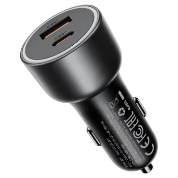 Зарядно за кола Acefast (B21) - USB, Type-C, 75W, PD3.0, LED фоново осветление, интелигентно разпределение на мощността, DC12-24V - Метално сиво