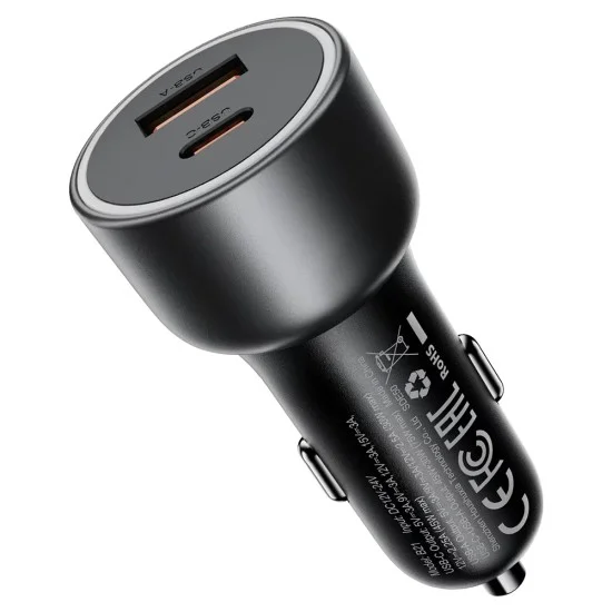 Зарядно за кола Acefast (B21) - USB, Type-C, 75W, PD3.0, LED фоново осветление, интелигентно разпределение на мощността, DC12-24V - Метално сиво