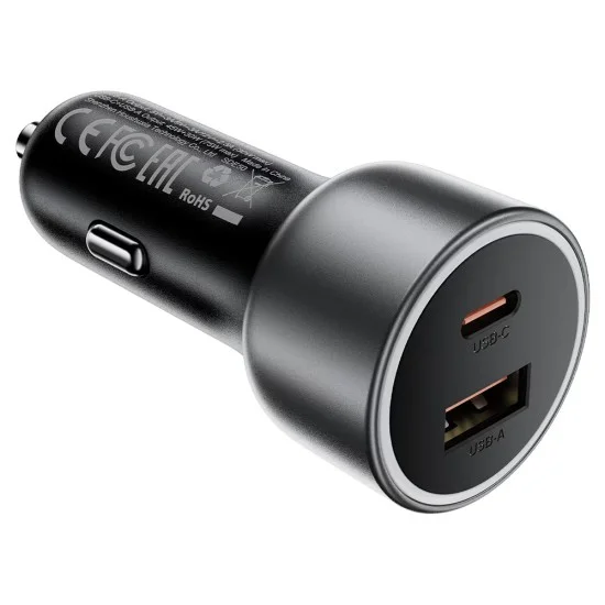 Зарядно за кола Acefast (B21) - USB, Type-C, 75W, PD3.0, LED фоново осветление, интелигентно разпределение на мощността, DC12-24V - Метално сиво