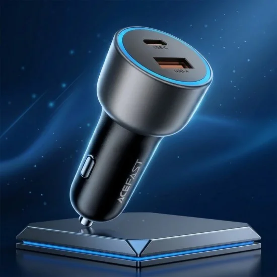 Зарядно за кола Acefast (B21) - USB, Type-C, 75W, PD3.0, LED фоново осветление, интелигентно разпределение на мощността, DC12-24V - Метално сиво