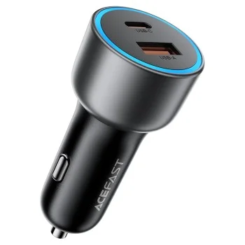 Зарядно за кола Acefast (B21) - USB, Type-C, 75W, PD3.0, LED фоново осветление, интелигентно разпределение на мощността, DC12-24V - Метално сиво