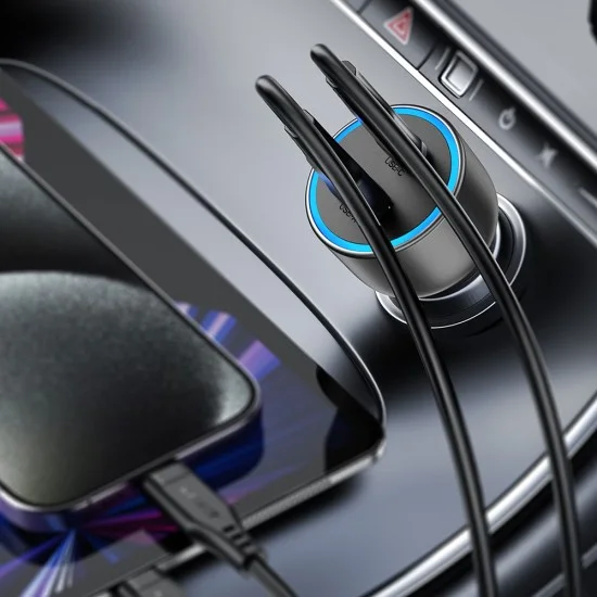 Зарядно за кола Acefast (B21) - USB, Type-C, 75W, PD3.0, LED фоново осветление, интелигентно разпределение на мощността, DC12-24V - Метално сиво