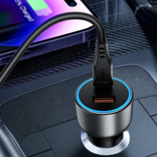 Зарядно за кола Acefast (B21) - USB, Type-C, 75W, PD3.0, LED фоново осветление, интелигентно разпределение на мощността, DC12-24V - Метално сиво