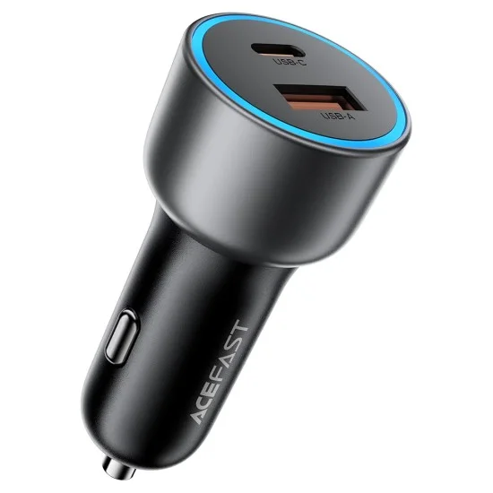 Зарядно за кола Acefast (B21) - USB, Type-C, 75W, PD3.0, LED фоново осветление, интелигентно разпределение на мощността, DC12-24V - Метално сиво