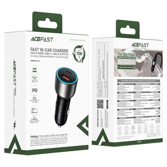 Зарядно за кола Acefast (B21) - USB, Type-C, 75W, PD3.0, LED фоново осветление, интелигентно разпределение на мощността, DC12-24V - Метално сиво