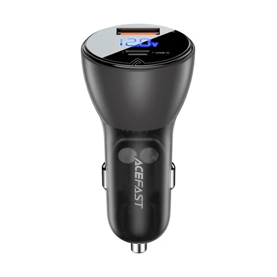 Зарядно за кола Acefast (B6) - с дигитален дисплей, USB, Type-C, бързо зареждане, 63W, PD3.0, PPS, QC3.0, цинкова сплав - Черно