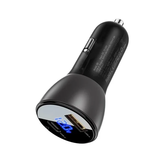 Зарядно за кола Acefast (B6) - с дигитален дисплей, USB, Type-C, бързо зареждане, 63W, PD3.0, PPS, QC3.0, цинкова сплав - Черно