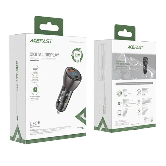 Зарядно за кола Acefast (B6) - с дигитален дисплей, USB, Type-C, бързо зареждане, 63W, PD3.0, PPS, QC3.0, цинкова сплав - Черно