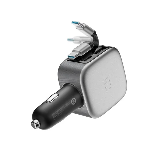 Зарядно за кола CC903P (CKCC903PGLBK) - USB, Type-C, Вграден прибиращ се кабел, LED Дисплей, 100W - Cuktech - Черен