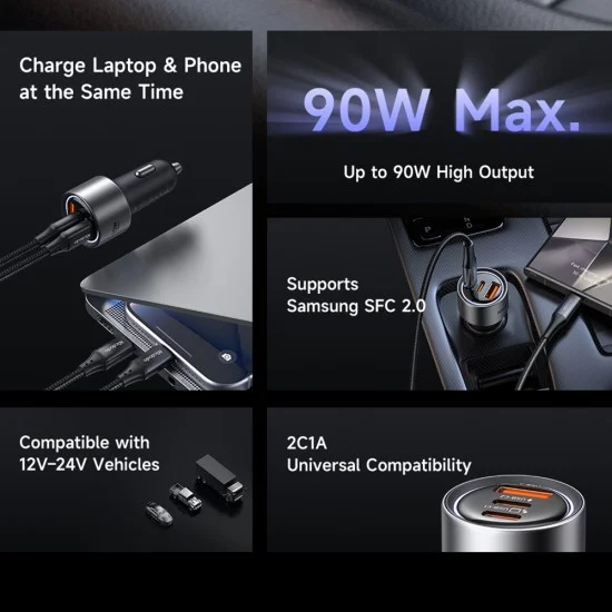 Зарядно за кола Mcdodo Gana Series (CC-3110) - 2x Type-C, USB, 90W, алуминиева сплав, 12-24V - Черно