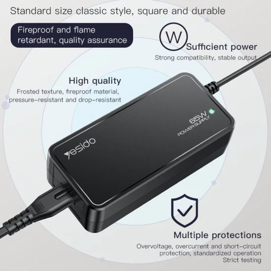 Зарядно за лаптоп Yesido Universal Laptop Adapter (CG11E) - Smart Chip, 65W, 5A, 1m - Черно