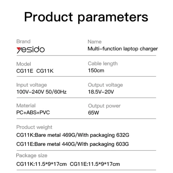 Зарядно за лаптоп Yesido Universal Laptop Adapter (CG11E) - Smart Chip, 65W, 5A, 1m - Черно