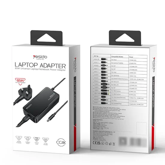Зарядно за лаптоп Yesido Universal Laptop Adapter (CG11E) - Smart Chip, 65W, 5A, 1m - Черно