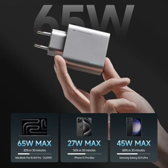 Зарядно за мрежа A15C-EU (CUK0A15CEUSL) - 2x USB-C, USB, Бързо зареждане, 65W, GaN Технология - Cuktech - Бял
