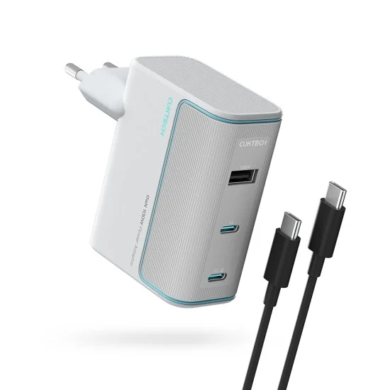 Зарядно за мрежа AD1003EU (CKAD1003EUGW) - с включен Type-C кабел, 2x USB-C, USB, 100W, GaN Технология - Cuktech - Бял
