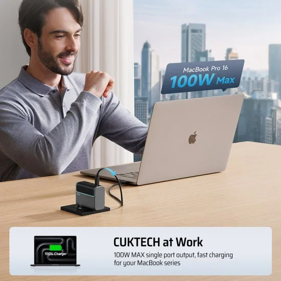 Зарядно за мрежа AD1003EU (CUKAD1003EUG) - с включен Type-C кабел, 2x USB-C, USB, 100W, GaN Технология - Cuktech - Сив