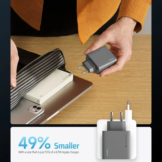 Зарядно за мрежа AD653C EU (CUKAD653EUGR) - 2x USB-C, 1x USB-A, Бързо зареждане, 65W, GaN Технология - Cuktech - Сив