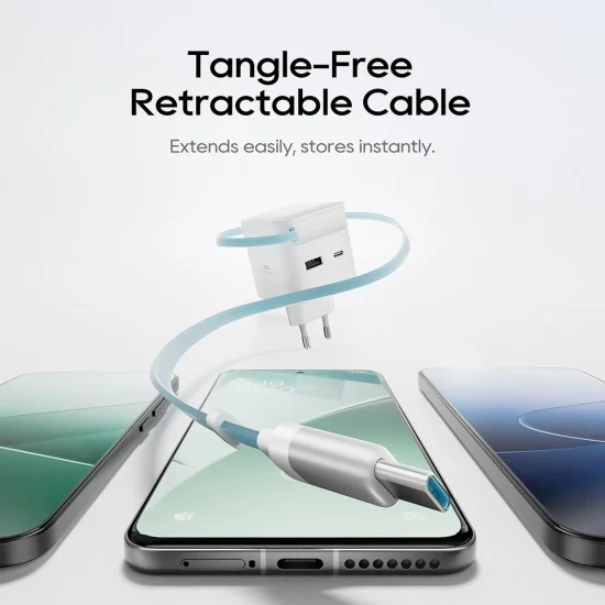 Зарядно за мрежа AD653W (CUKA653WEUWT) - с прибиращ се USB-C кабел, USB-C, USB, 67W, GaN Технология, 0.7m - Cuktech - Бял