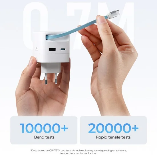 Зарядно за мрежа AD653W (CUKA653WEUWT) - с прибиращ се USB-C кабел, USB-C, USB, 67W, GaN Технология, 0.7m - Cuktech - Бял