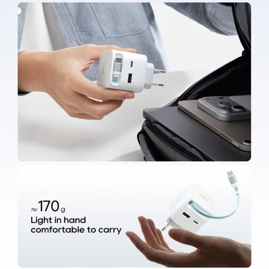 Зарядно за мрежа AD653W (CUKA653WEUWT) - с прибиращ се USB-C кабел, USB-C, USB, 67W, GaN Технология, 0.7m - Cuktech - Бял