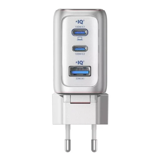 Зарядно за мрежа Wall Charger (B121BG41) - Бързо зареждане, с Дисплей, 100W, 2x USB-C, USB - Anker - Сребрист