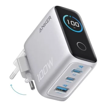 Зарядно за мрежа Wall Charger (B121BG41) - Бързо зареждане, с Дисплей, 100W, 2x USB-C, USB - Anker - Сребрист