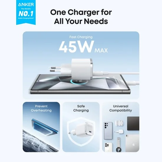 Зарядно за мрежа Wall Charger Nano (A2692L21) - GaN, Бързо зареждане, Type-C, 45W, EU - Anker - Бял