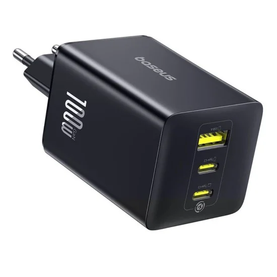 Зарядно за стена Baseus EnerFill FE11 (P10182102123-00) - USB, 2x Type-C, 100W, бързо зарядно - Черен (Cosmic Black)